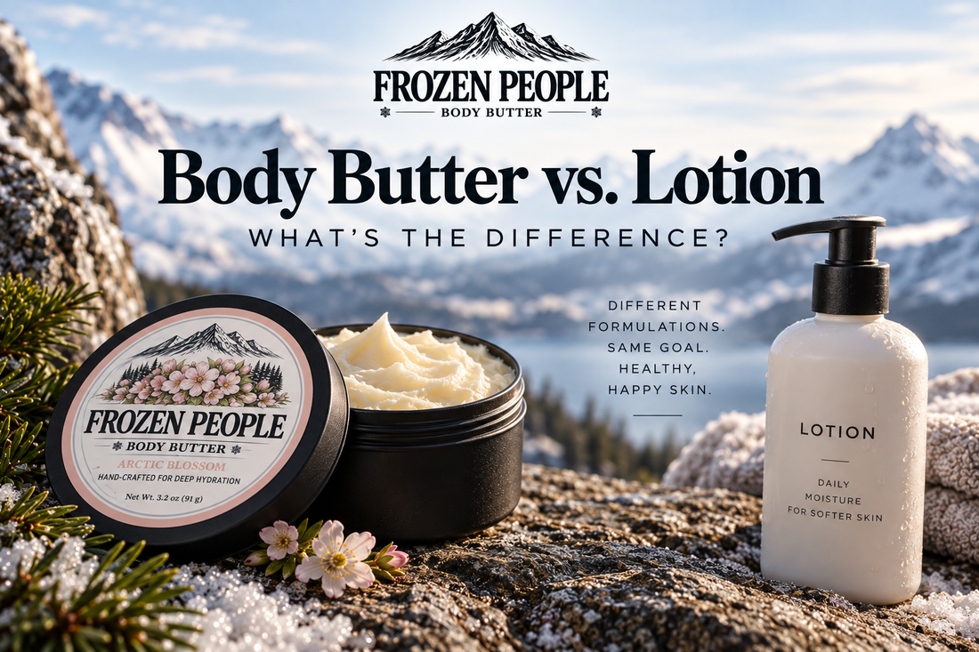 Frozen People Body Butter product vs a traditional lotion with mountain backdrop