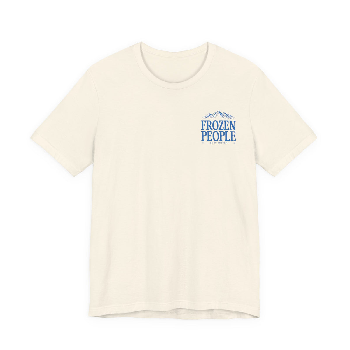 Frozen People graphic T-shirt featuring a scenic mountain landscape and body butter branding, inspired by the Alaska outdoors.