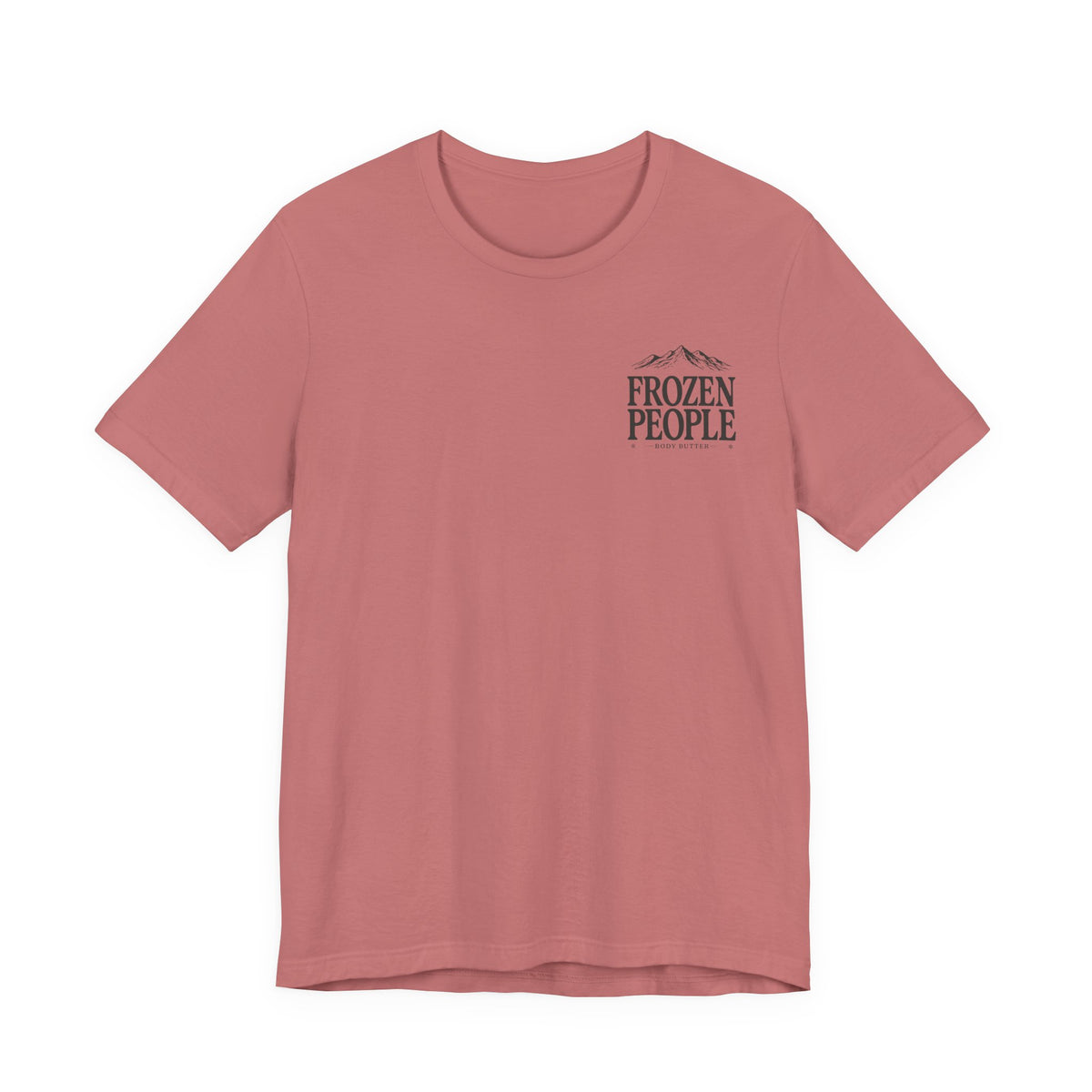 Frozen People graphic T-shirt featuring a scenic mountain landscape and body butter branding, inspired by the Alaska outdoors.