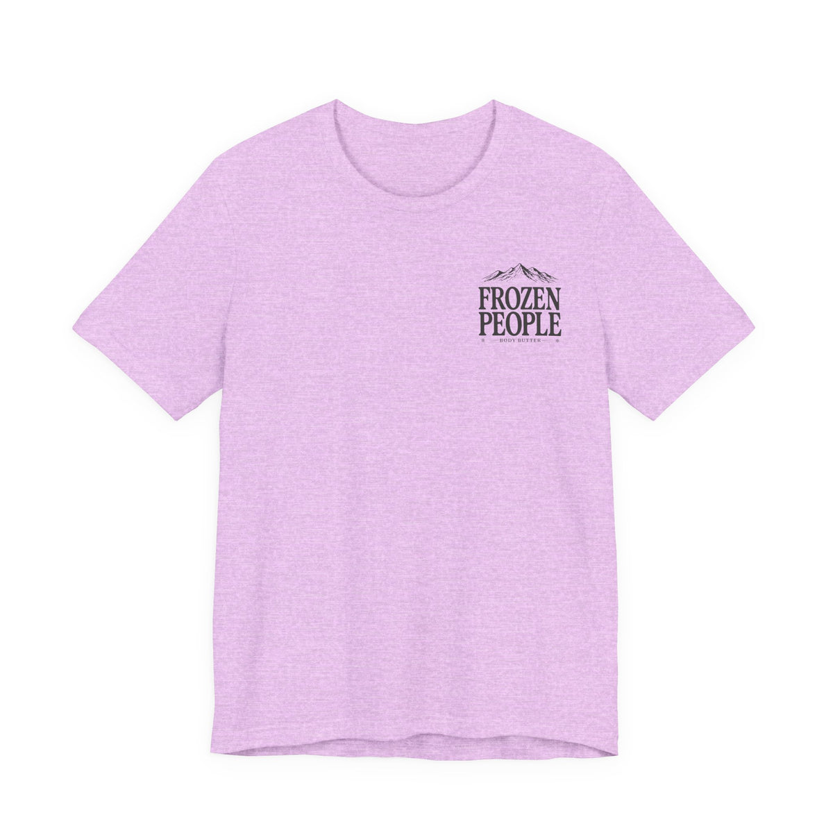 Frozen People graphic T-shirt featuring a scenic mountain landscape and body butter branding, inspired by the Alaska outdoors.