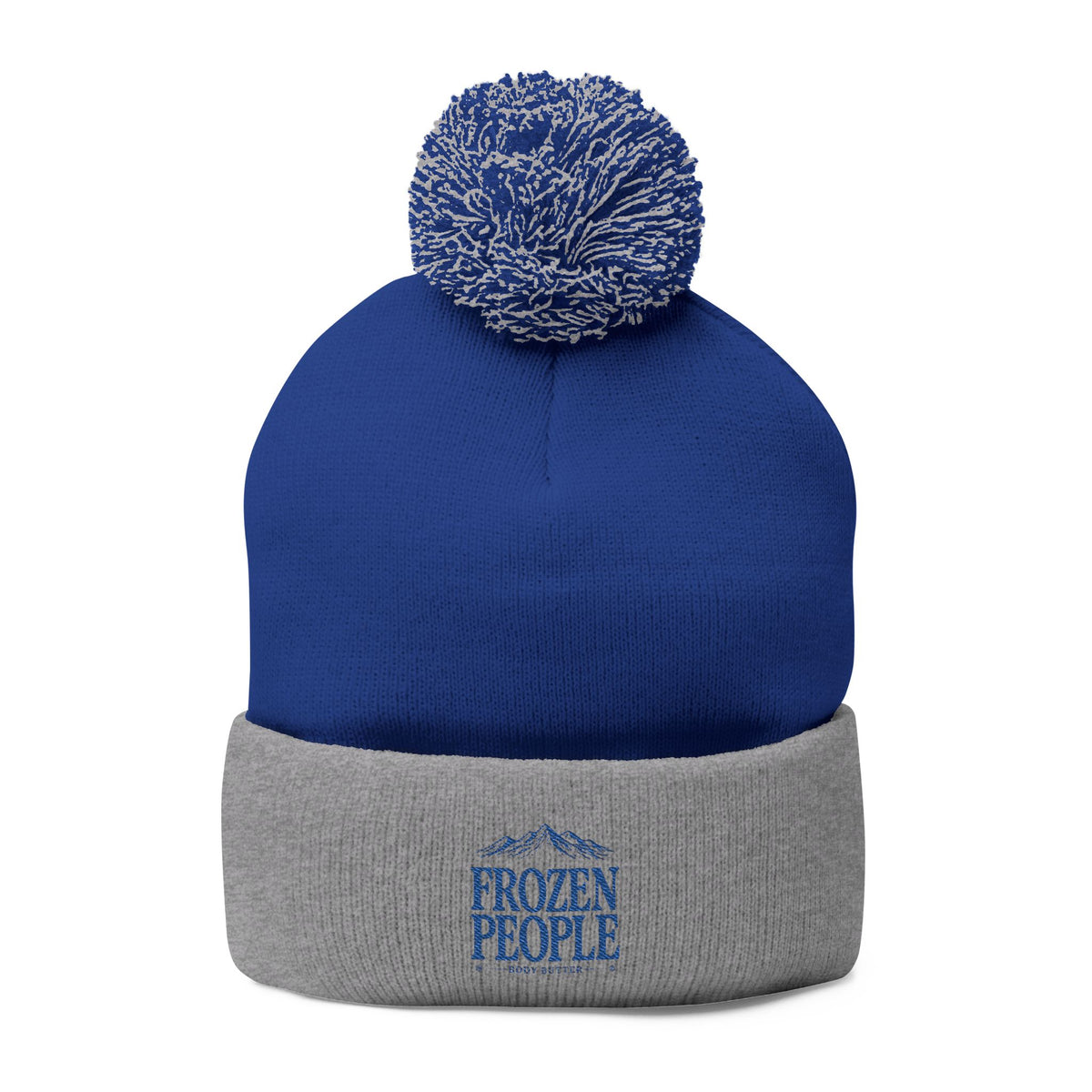 Frozen People blue and gray embroidered knit winter beanie with fold-over cuff and pom-pom