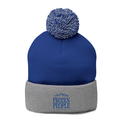 Frozen People blue and gray embroidered knit winter beanie with fold-over cuff and pom-pom