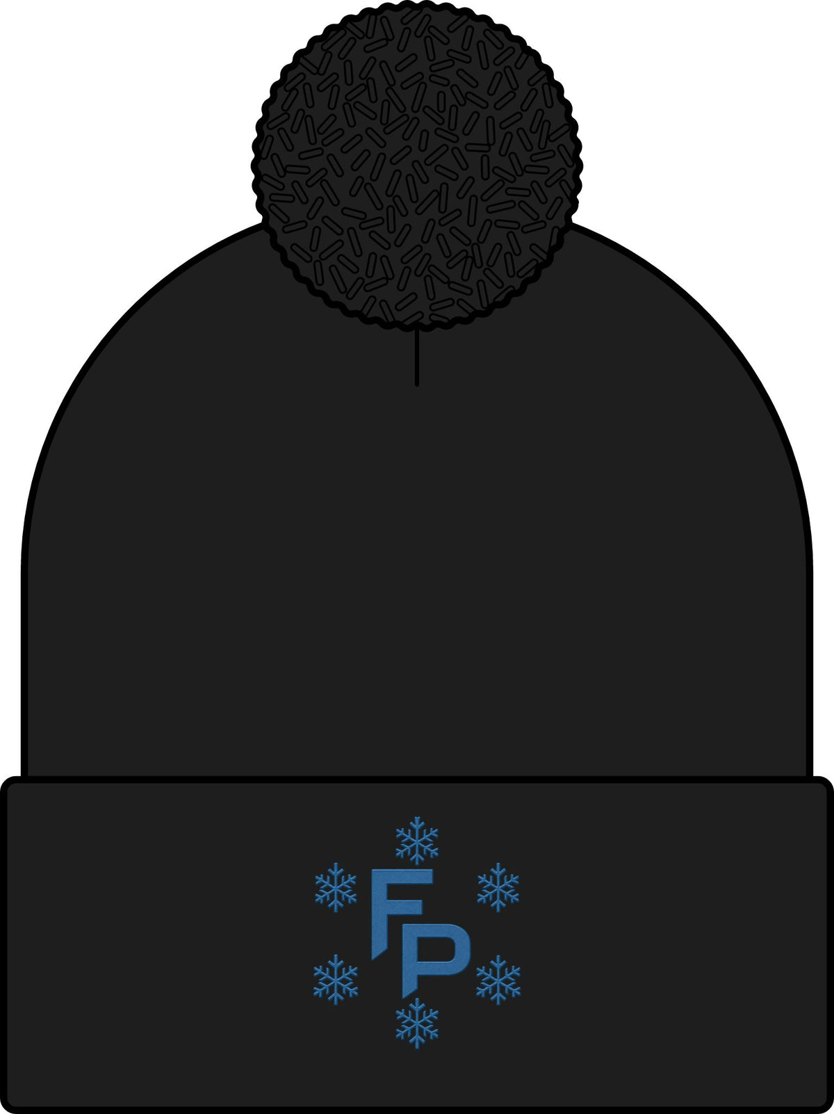 Frozen People snowflake knit beanie with embroidered FP logo, folded cuff, and removable pom-pom