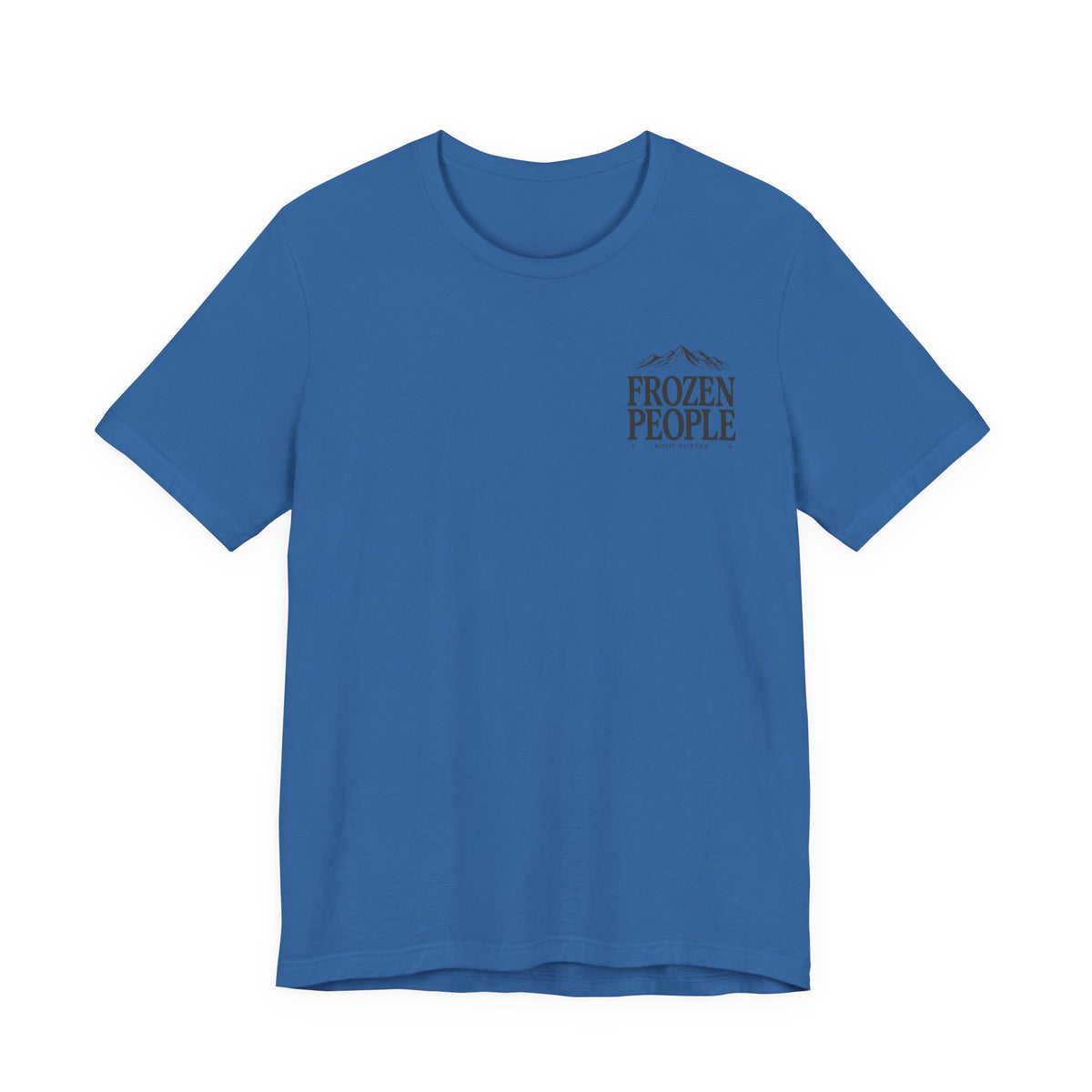 Frozen People graphic T-shirt featuring a scenic mountain landscape and body butter branding, inspired by the Alaska outdoors.