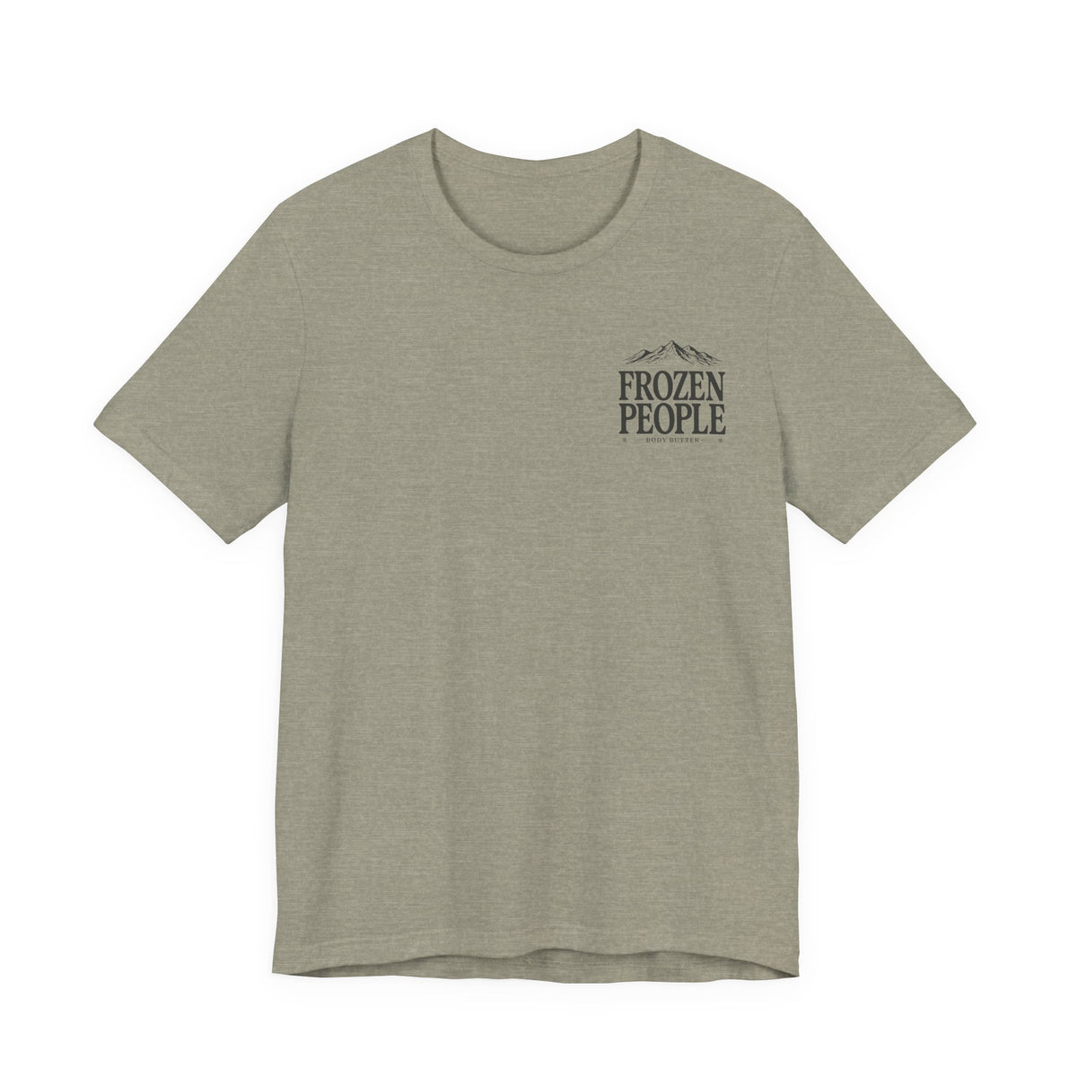Frozen People graphic T-shirt featuring a scenic mountain landscape and body butter branding, inspired by the Alaska outdoors.