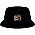 Frozen People cotton bucket hat featuring a blue mountain logo, stitched brim, and ventilation eyelets