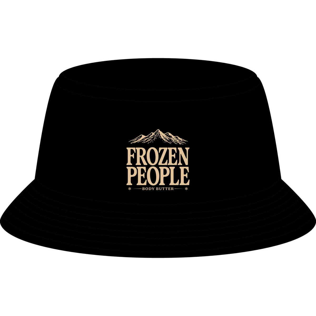 Frozen People cotton bucket hat featuring a blue mountain logo, stitched brim, and ventilation eyelets