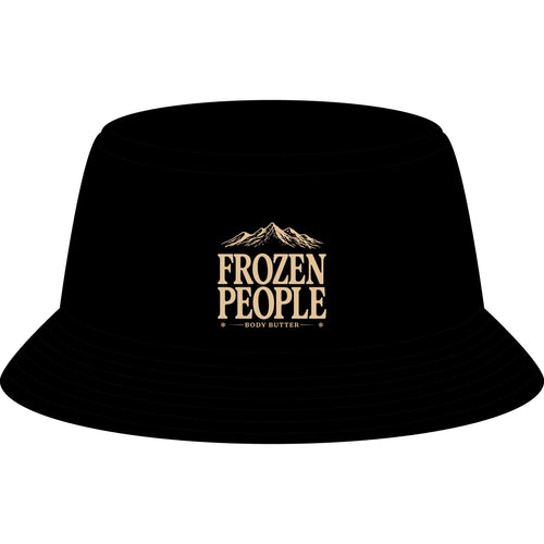 Frozen People cotton bucket hat featuring a blue mountain logo, stitched brim, and ventilation eyelets
