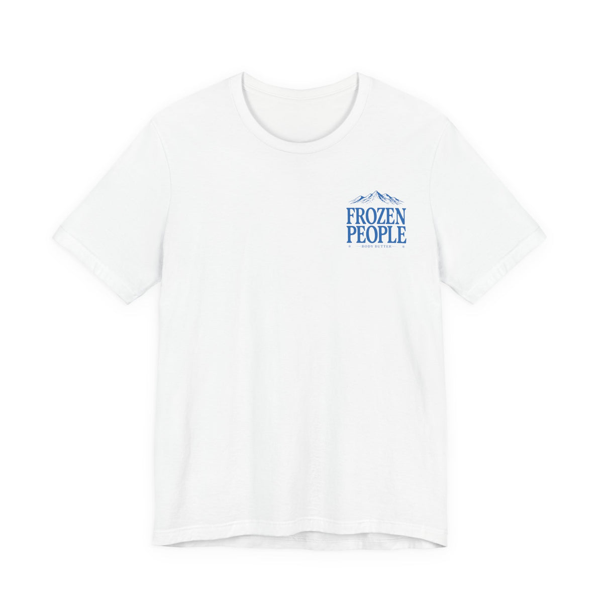 Frozen People graphic T-shirt featuring a scenic mountain landscape and body butter branding, inspired by the Alaska outdoors.