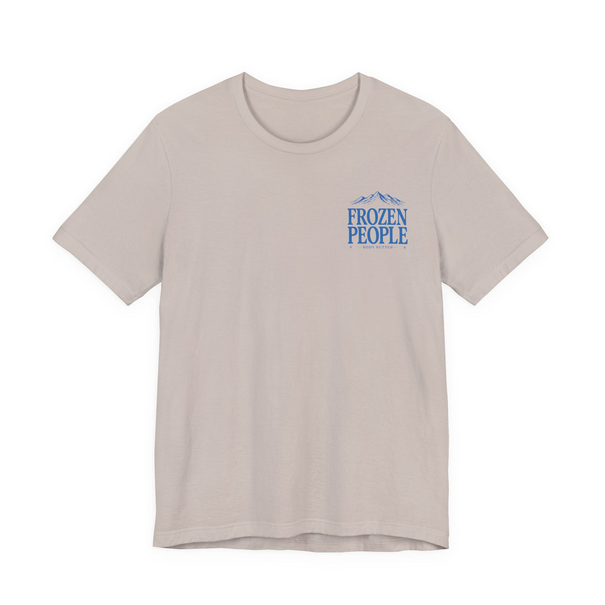 Frozen People graphic T-shirt featuring a scenic mountain landscape and body butter branding, inspired by the Alaska outdoors.
