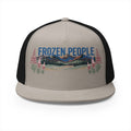 Frozen People vintage mountain trucker hat with retro mountain logo, flat bill, and breathable mesh backing