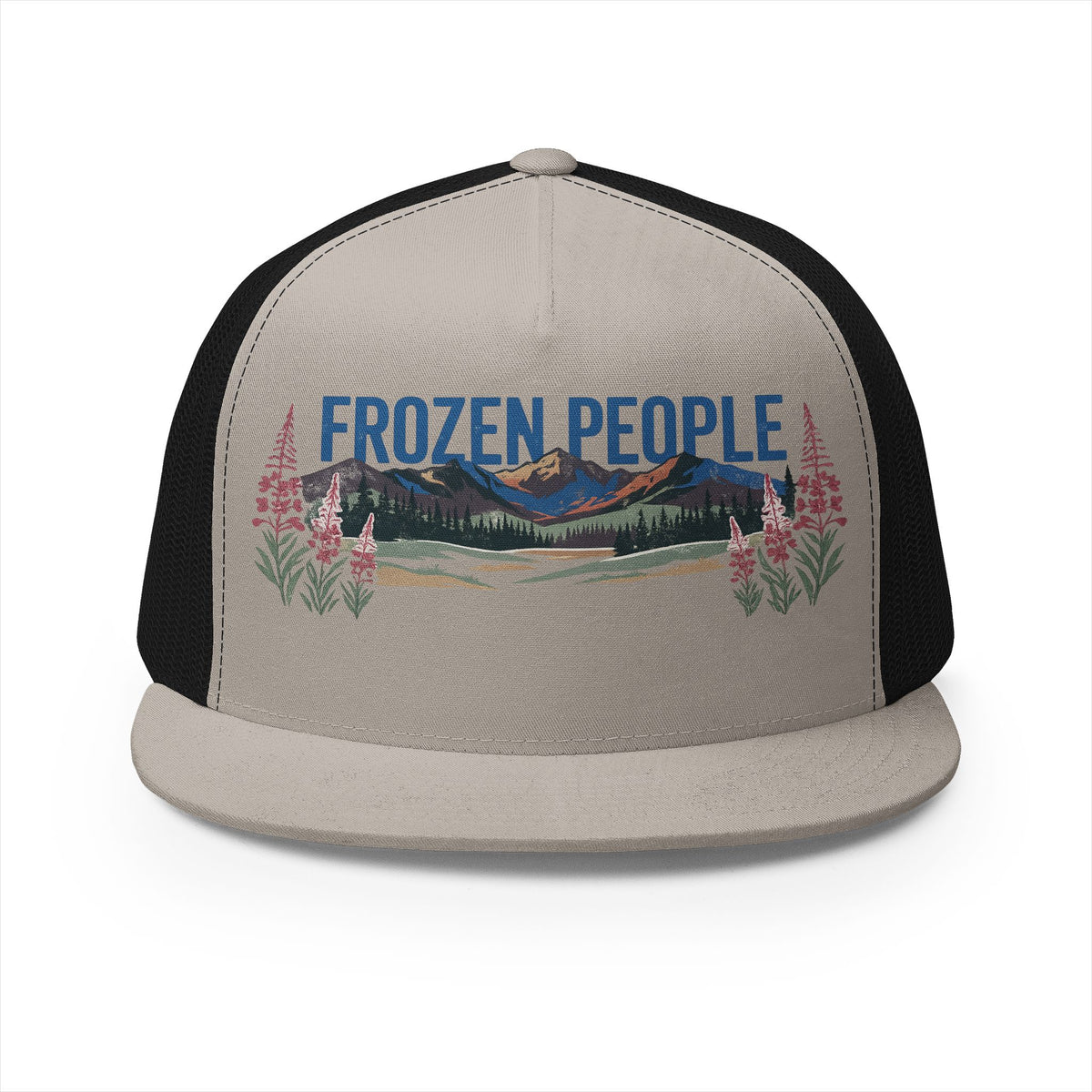Frozen People vintage mountain trucker hat with retro mountain logo, flat bill, and breathable mesh backing