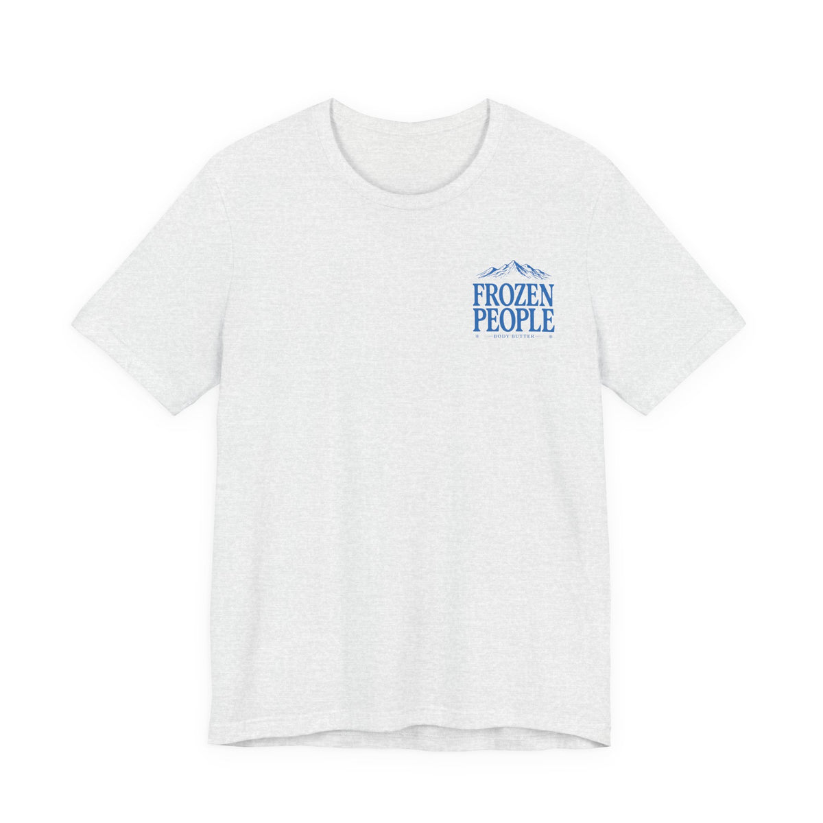 Frozen People graphic T-shirt featuring a scenic mountain landscape and body butter branding, inspired by the Alaska outdoors.