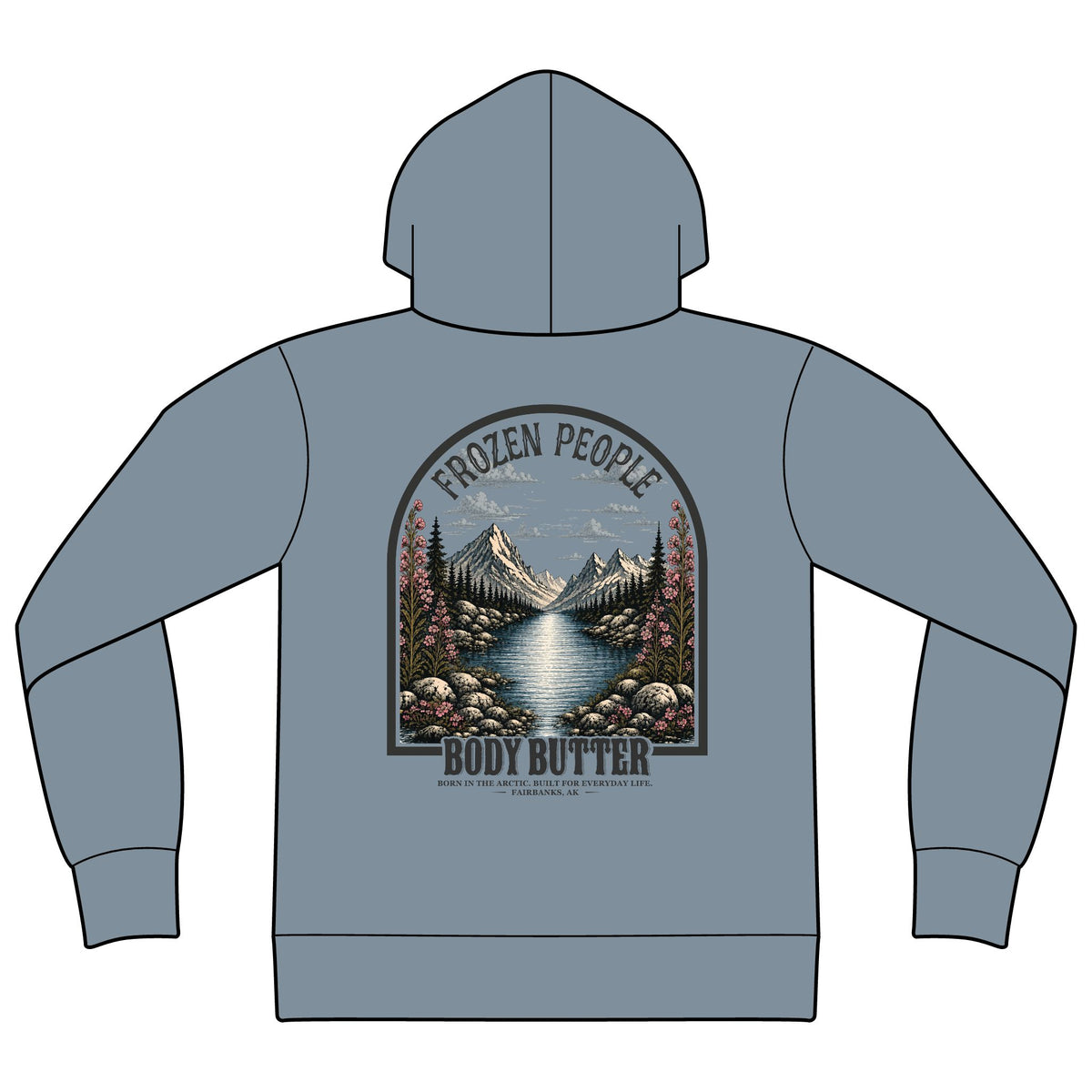 Frozen People full-zip fleece hoodie featuring a chest logo and vintage mountain river landscape graphic on the back