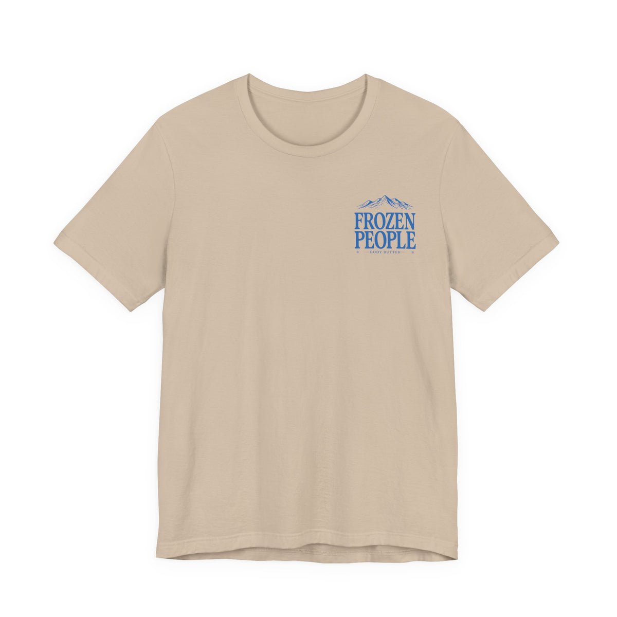 Frozen People graphic T-shirt featuring a scenic mountain landscape and body butter branding, inspired by the Alaska outdoors.