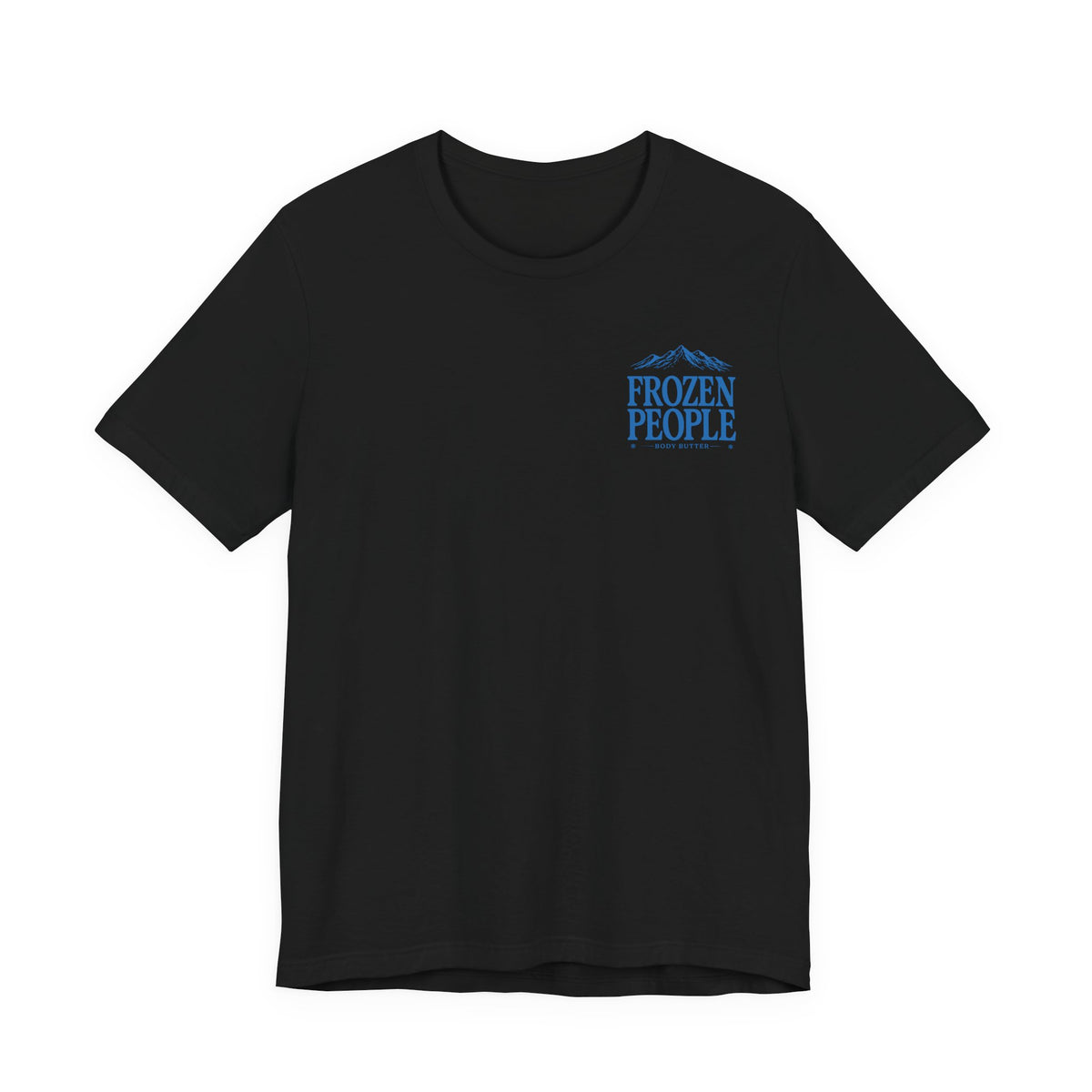 Frozen People graphic T-shirt featuring a scenic mountain landscape and body butter branding, inspired by the Alaska outdoors.