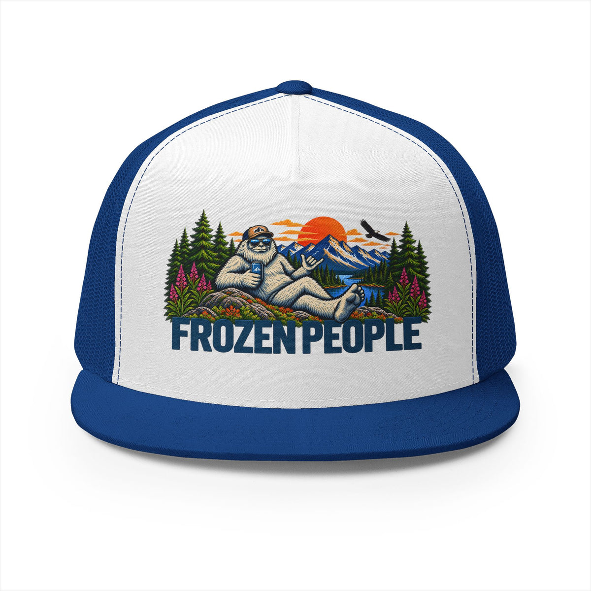 Frozen People Retro Yeti trucker hat with vintage Sasquatch mountain graphic, flat bill, and mesh backing