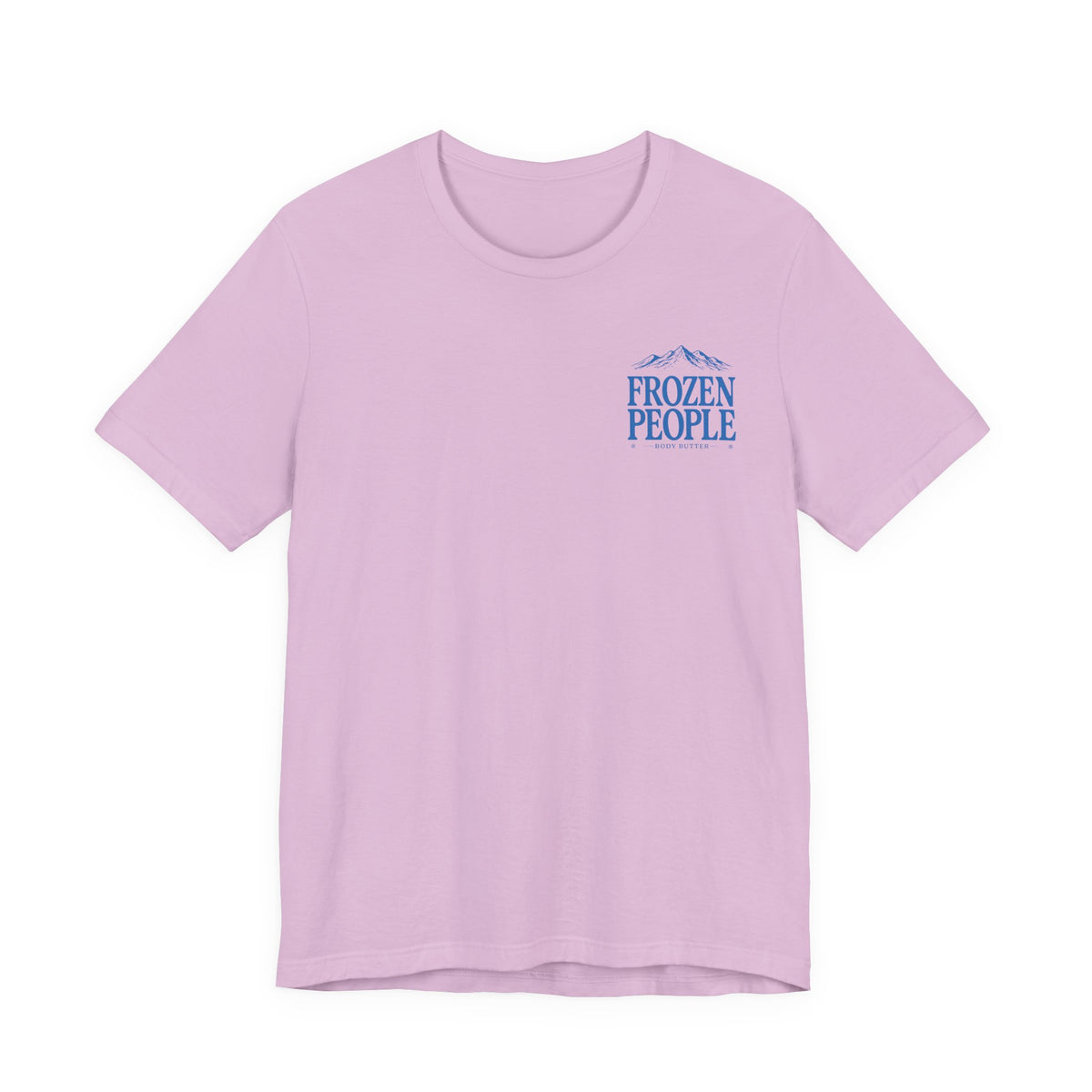 Frozen People graphic T-shirt featuring a scenic mountain landscape and body butter branding, inspired by the Alaska outdoors.
