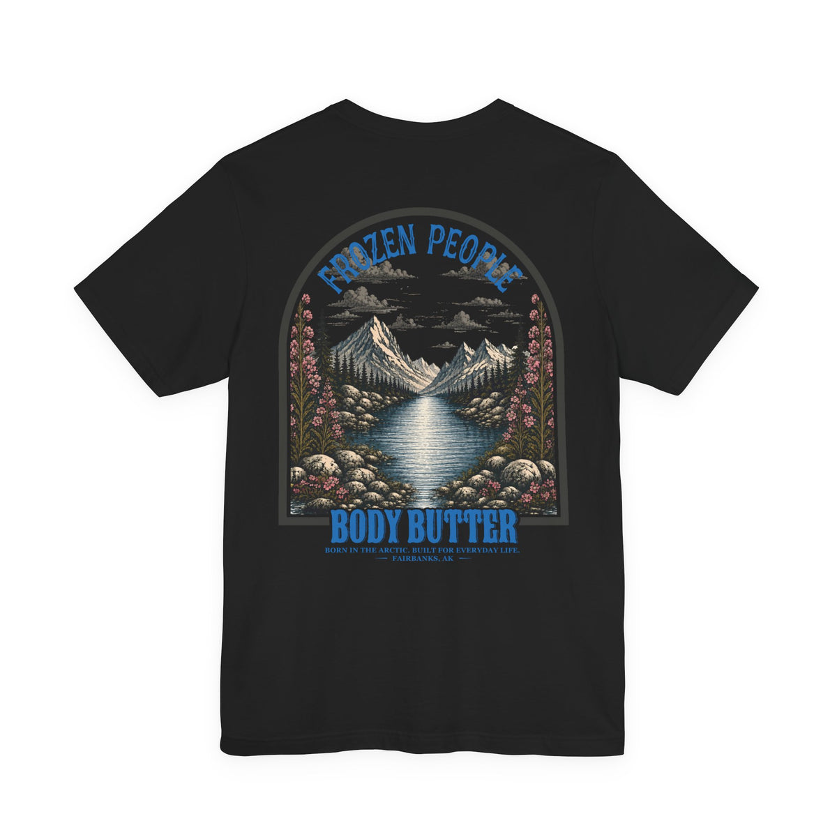 Frozen People graphic T-shirt featuring a scenic mountain landscape and body butter branding, inspired by the Alaska outdoors.