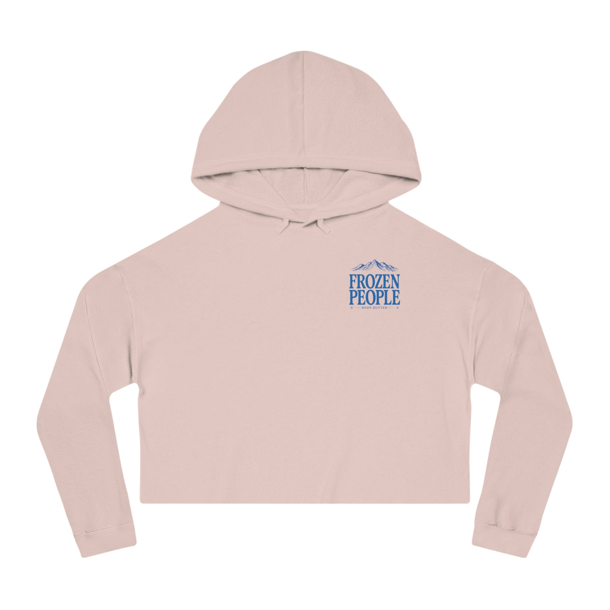 Frozen People cropped hoodie featuring a front chest logo and scenic mountain lake graphic on the back
