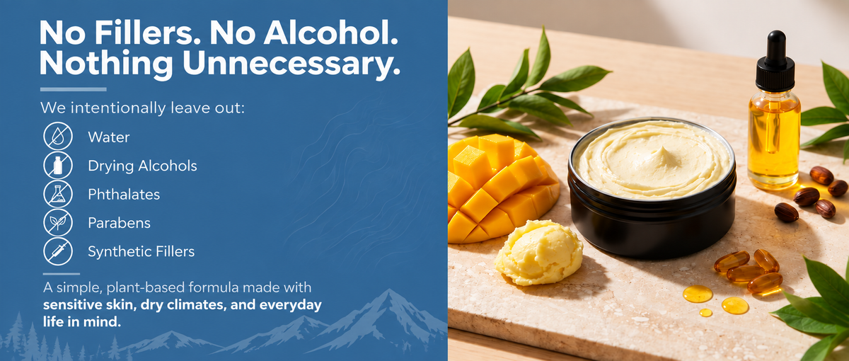 Frozen People Body Butter with mango and plant-based ingredients beside a graphic highlighting no fillers, no alcohol, and a formula made with sensitive skin in mind.