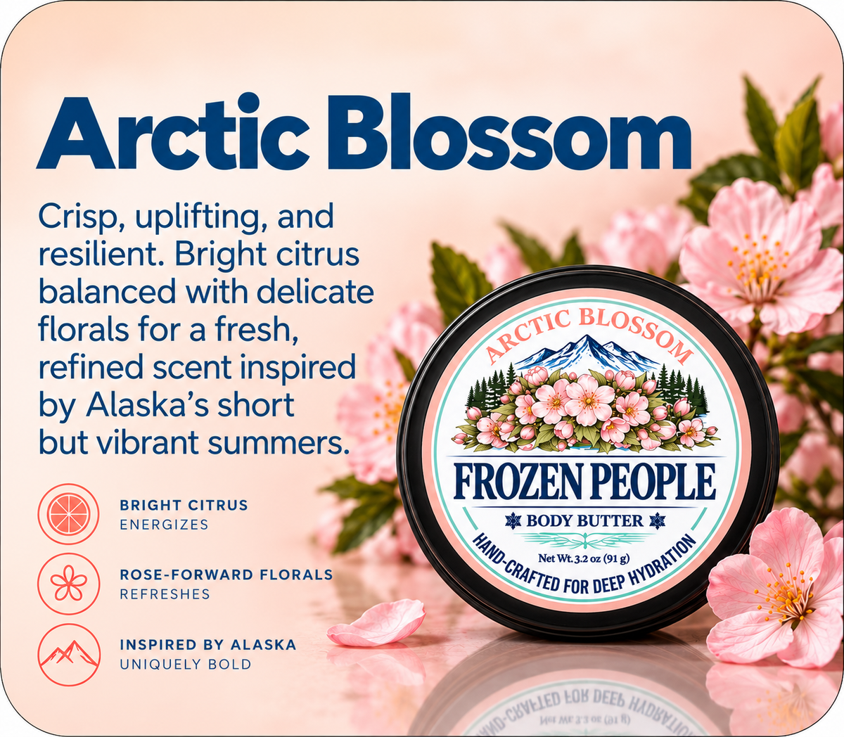 Frozen People Arctic Blossom Body Butter with a bright citrus and rose-forward floral scent for dry skin.