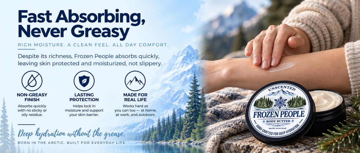 Person applying Frozen People Body Butter to their arm, highlighting its fast-absorbing, non-greasy finish.